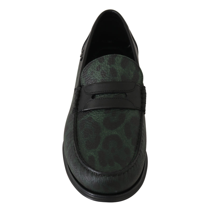 Green Leopard Leather Moccasins Loafers