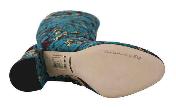Blue Jacquard Lurex Knee Boots
