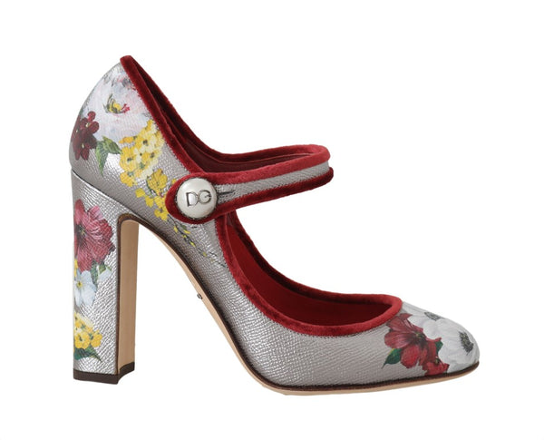 Silver Leather Floral Logo Mary Janes Shoes