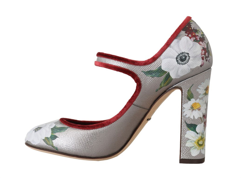 Silver Leather Floral Logo Mary Janes Shoes