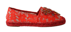 Orange Lace Leather Crystal Espadrille