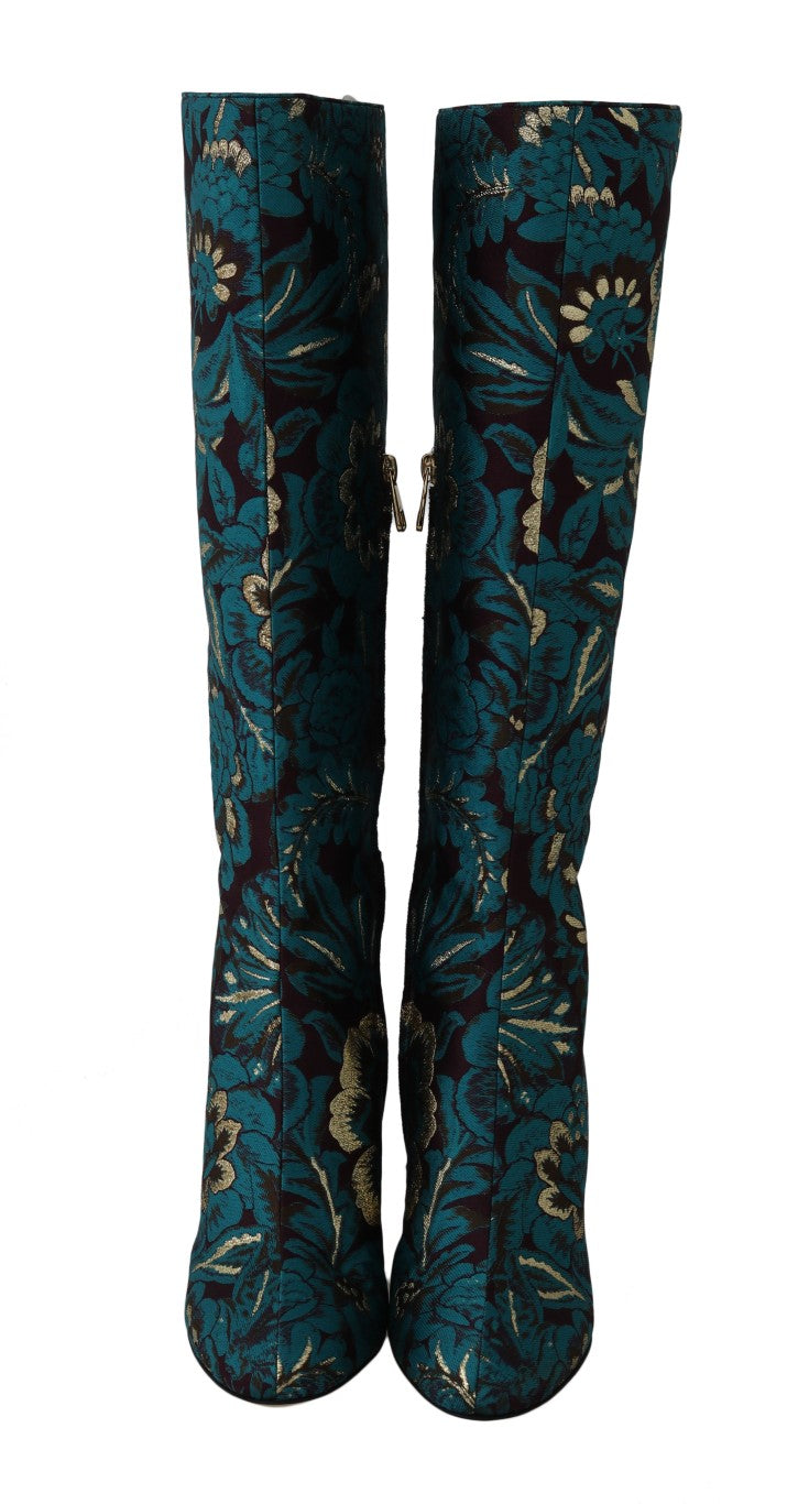 Blue Jacquard Lurex Knee Boots
