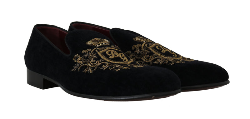 Black Velvet Gold Crown Loafers