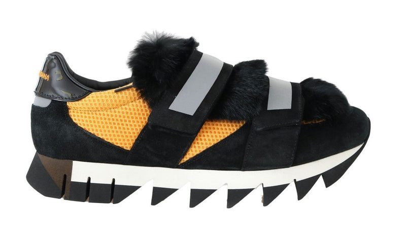 Black Leather Fur Shark Sole Sneakers