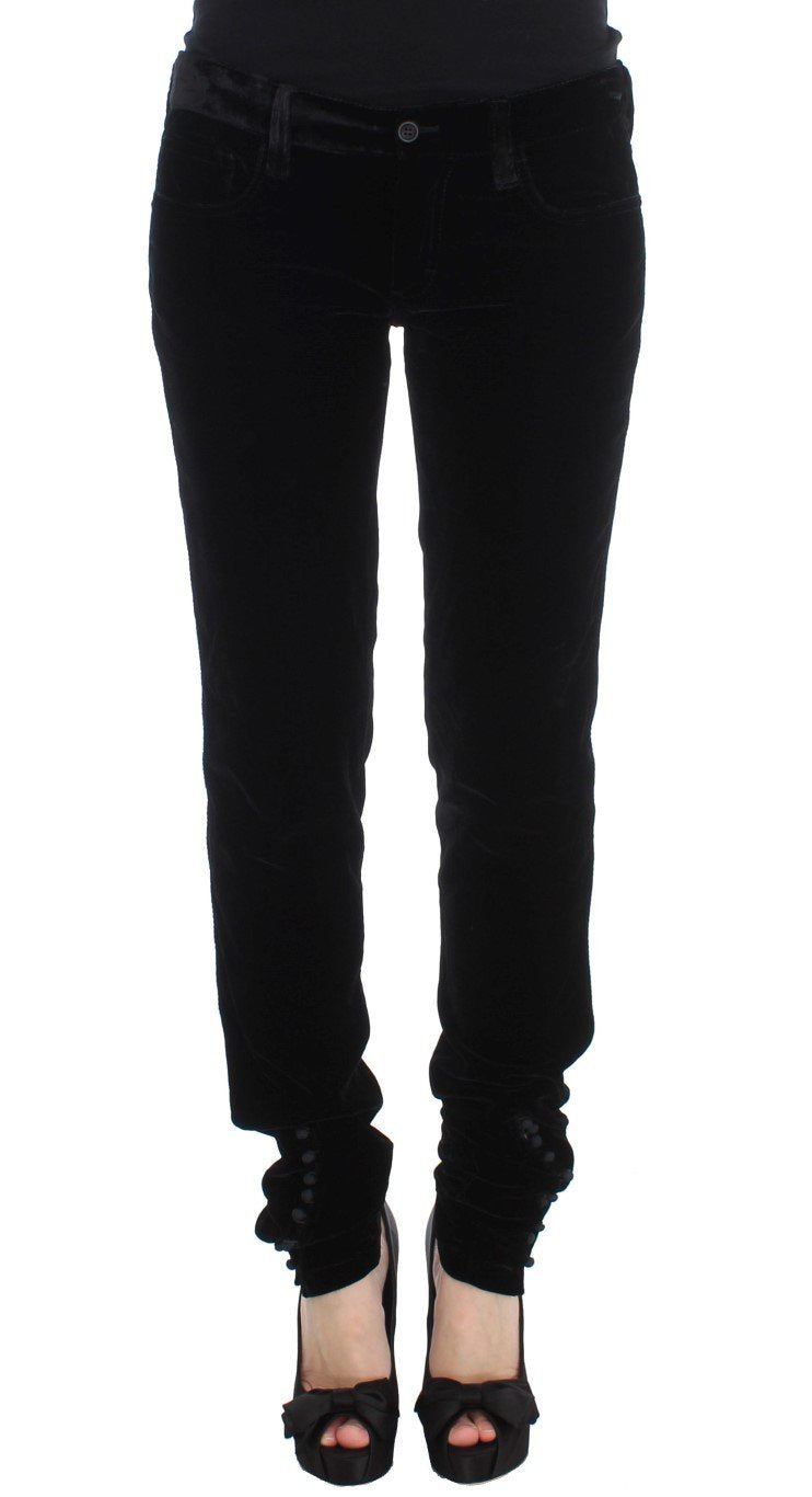 Black Viscose Blend Velvet Slim Fit Pants