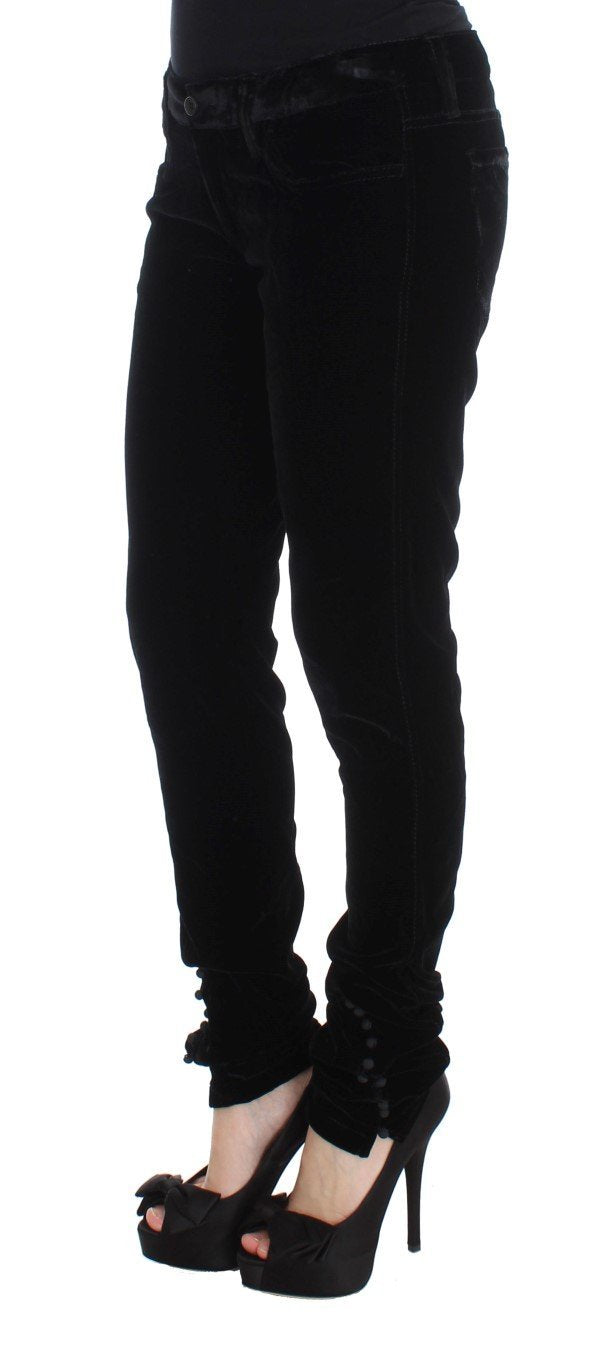 Black Viscose Blend Velvet Slim Fit Pants