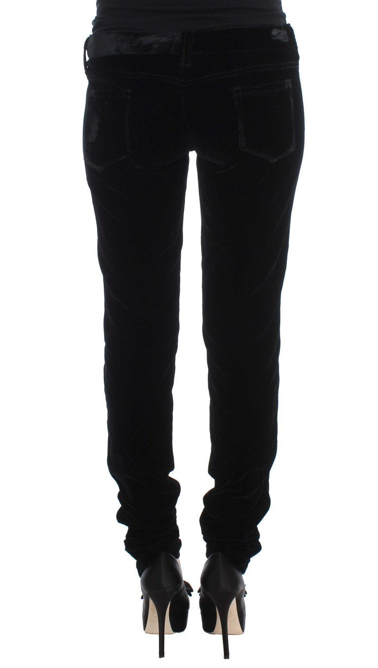 Black Viscose Blend Velvet Slim Fit Pants