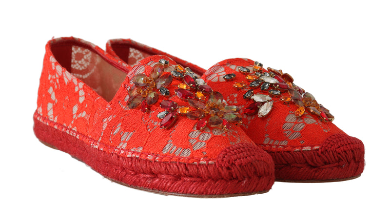 Orange Lace Leather Crystal Espadrille