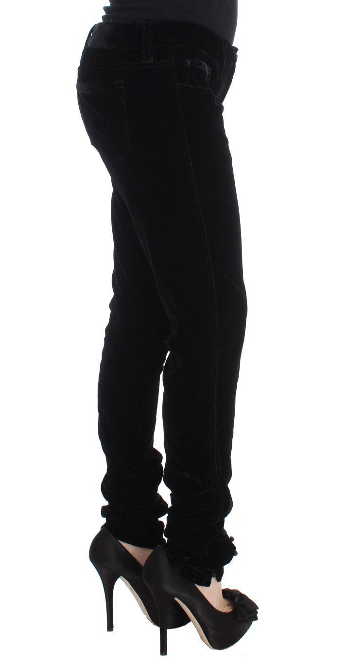 Black Viscose Blend Velvet Slim Fit Pants