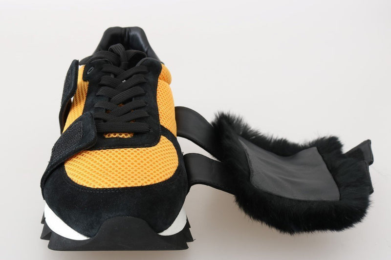 Black Leather Fur Shark Sole Sneakers