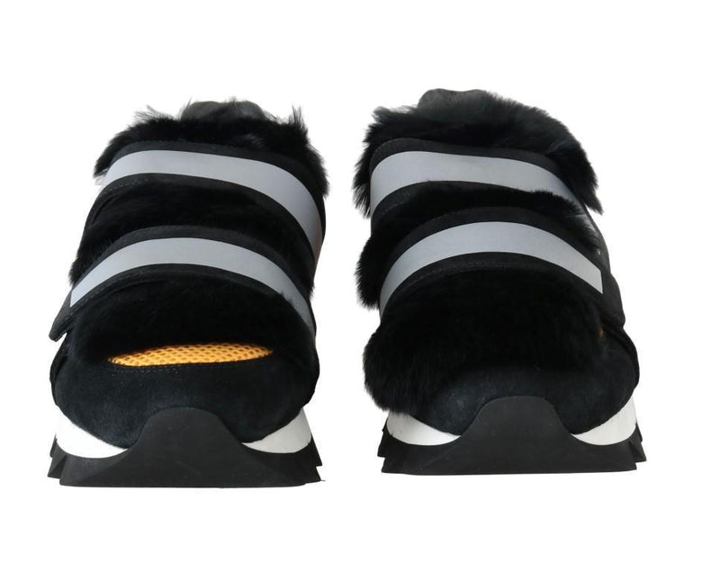 Black Leather Fur Shark Sole Sneakers