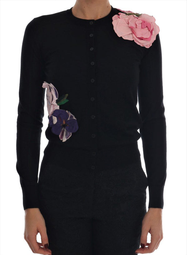 Black Cashmere Floral Cardigan Sweater