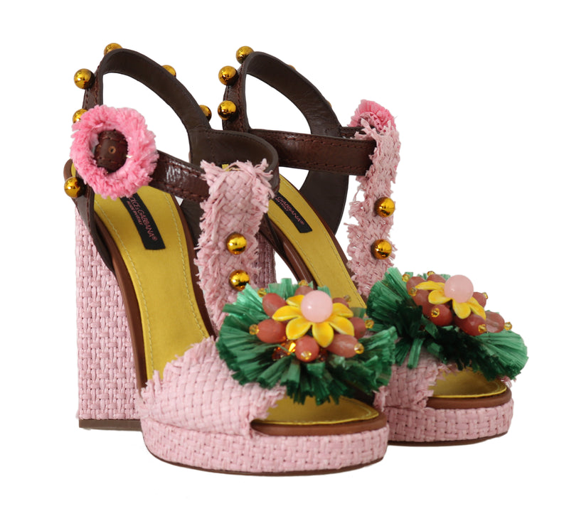 Pink Raffia Crystal Leather Sandals