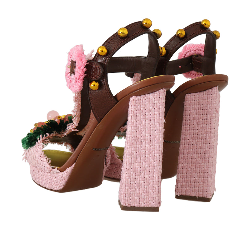 Pink Raffia Crystal Leather Sandals