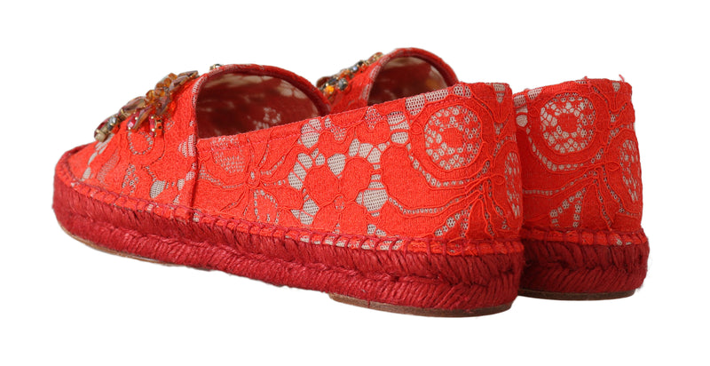 Orange Lace Leather Crystal Espadrille