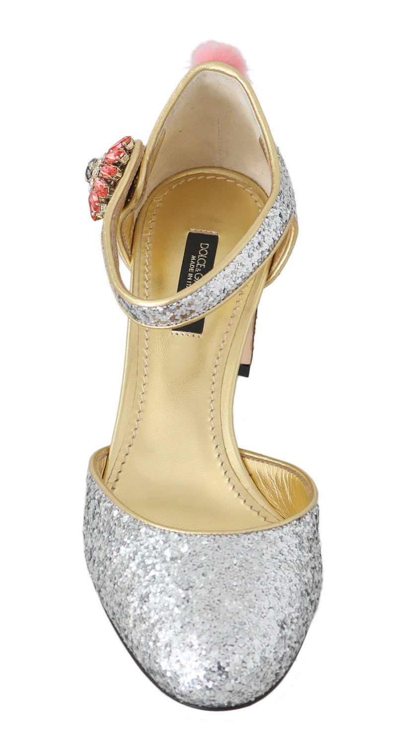 Silver Leather Fur Crystal Pumps