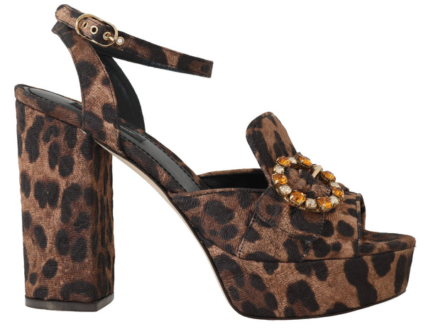 Brown Leopard Brocade Crystal Sandals
