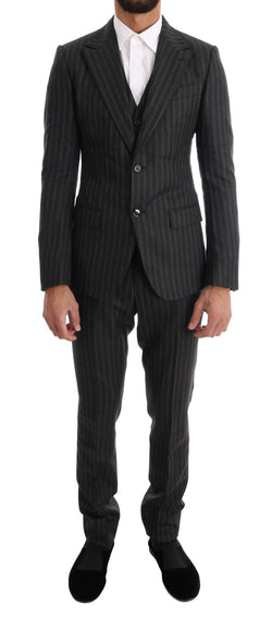 Gray Striped Two Button 3 Piece Suit