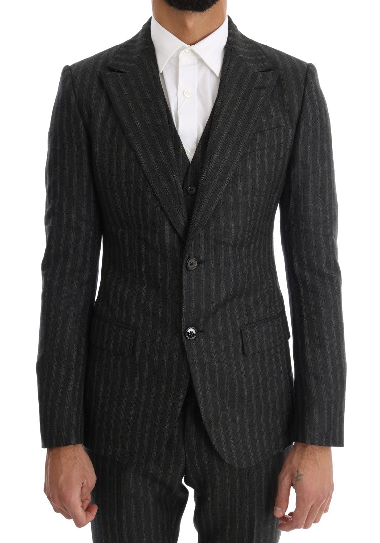 Gray Striped Two Button 3 Piece Suit