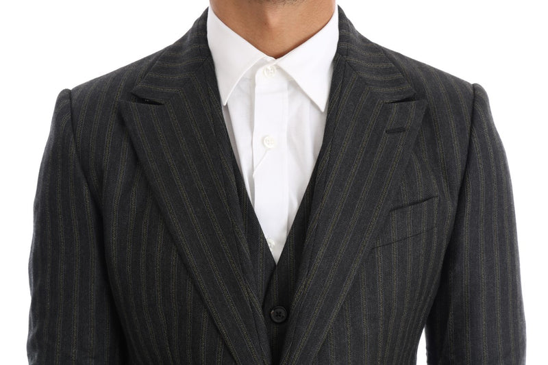 Gray Striped Two Button 3 Piece Suit