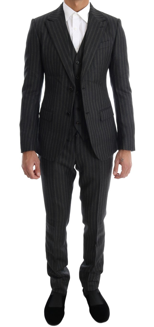 Gray Striped Two Button 3 Piece Suit