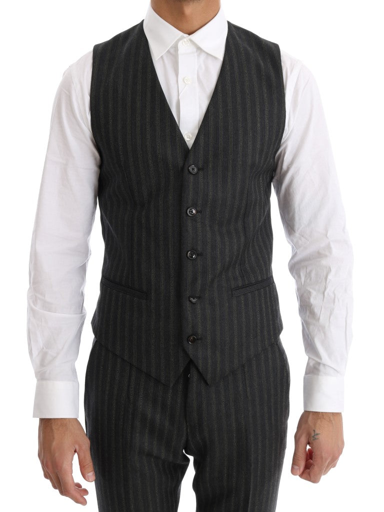 Gray Striped Two Button 3 Piece Suit