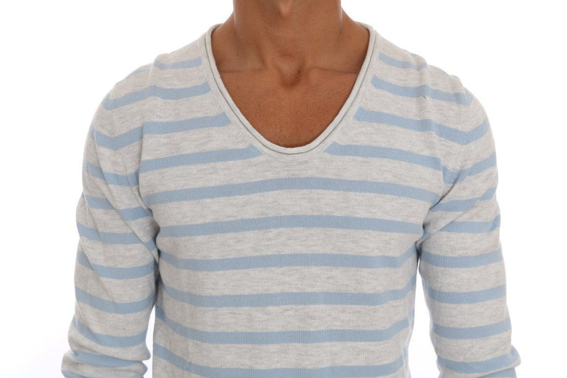 Blue Gray V-neck Cotton Pullover Sweater