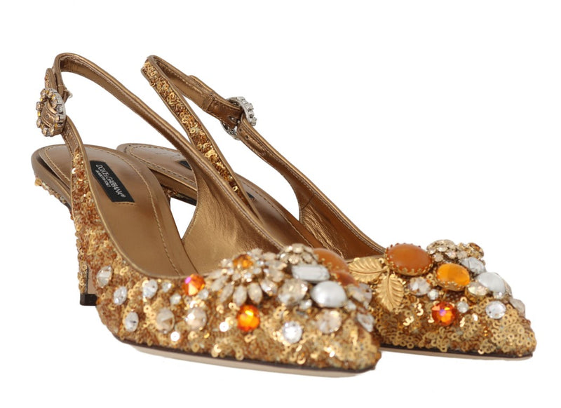 Gold Leather Sequin Crystal Slingback Shoes