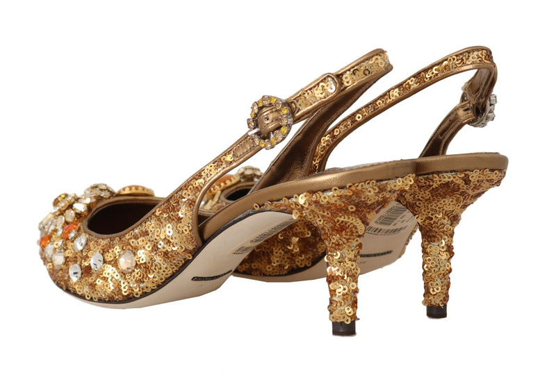 Gold Leather Sequin Crystal Slingback Shoes