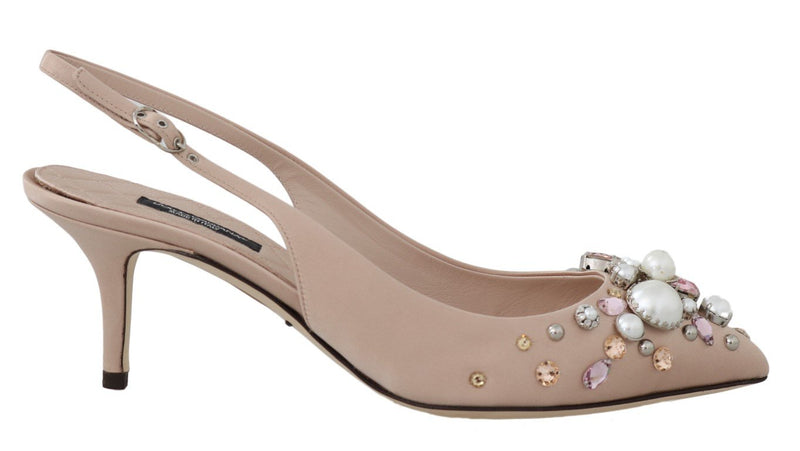 Beige Silk Raso Crystal Slingbacks Shoes