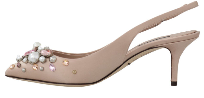 Beige Silk Raso Crystal Slingbacks Shoes