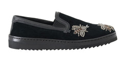 Black Crystal Bee Leather Loafers