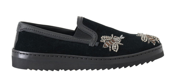 Black Crystal Bee Leather Loafers