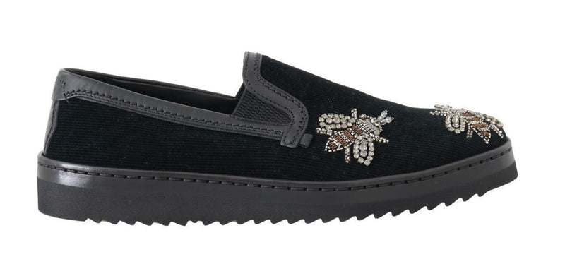 Black Crystal Bee Leather Loafers