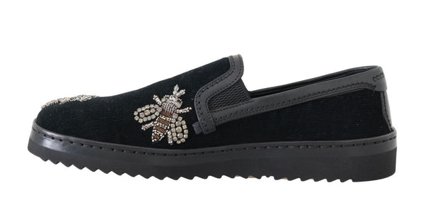 Black Crystal Bee Leather Loafers