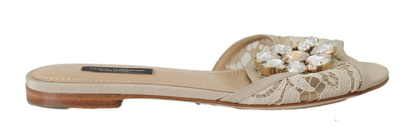 Beige Crystal Lace Flat Slides Sandals