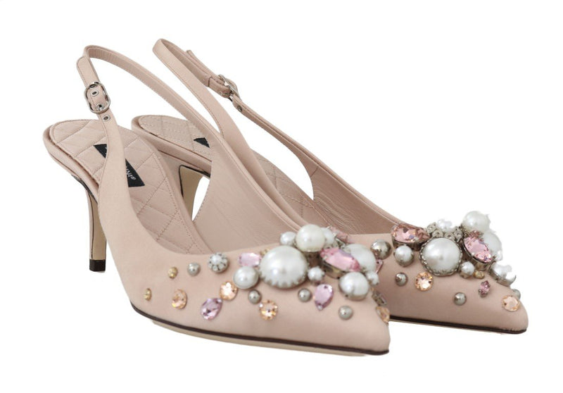 Beige Silk Raso Crystal Slingbacks Shoes