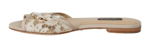 Beige Crystal Lace Flat Slides Sandals