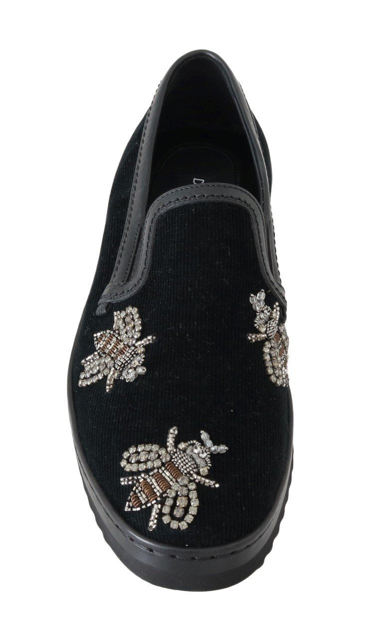 Black Crystal Bee Leather Loafers