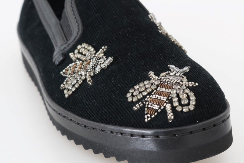 Black Crystal Bee Leather Loafers