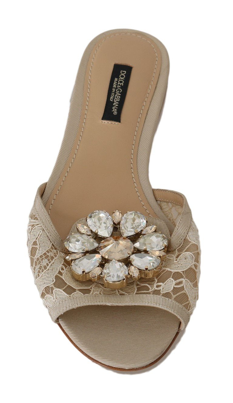 Beige Crystal Lace Flat Slides Sandals