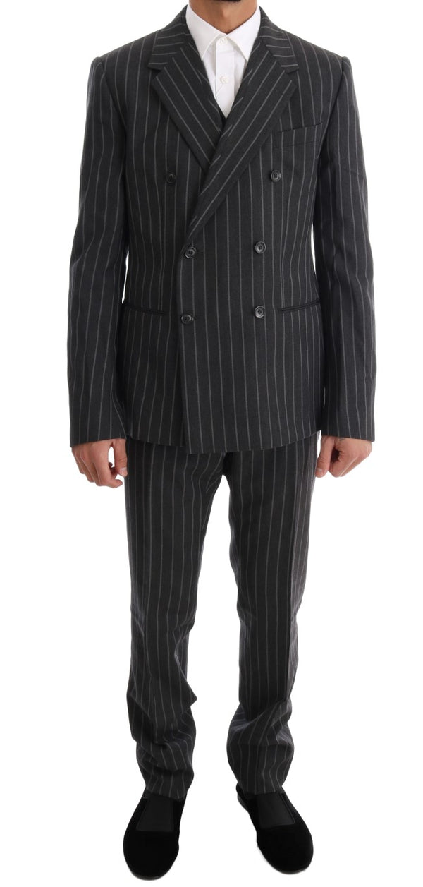 Gray Striped Double Breasted 3 Piece Suit