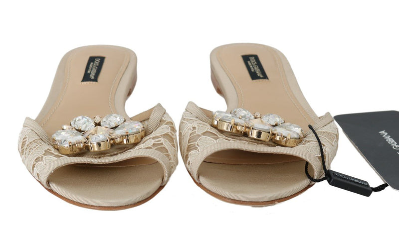 Beige Crystal Lace Flat Slides Sandals