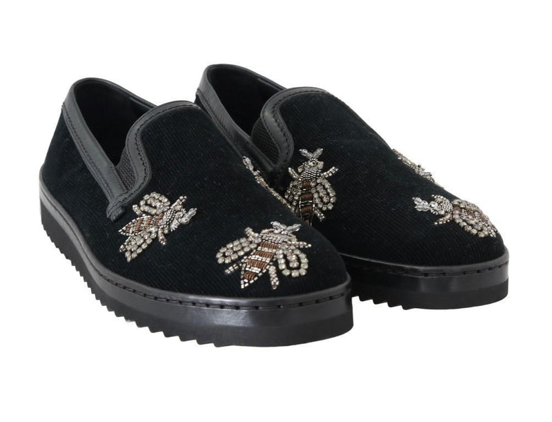 Black Crystal Bee Leather Loafers
