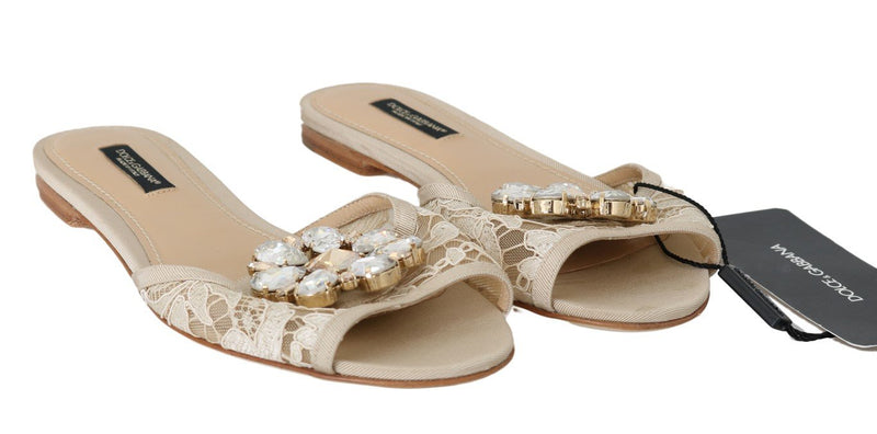 Beige Crystal Lace Flat Slides Sandals