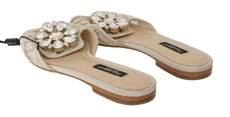 Beige Crystal Lace Flat Slides Sandals