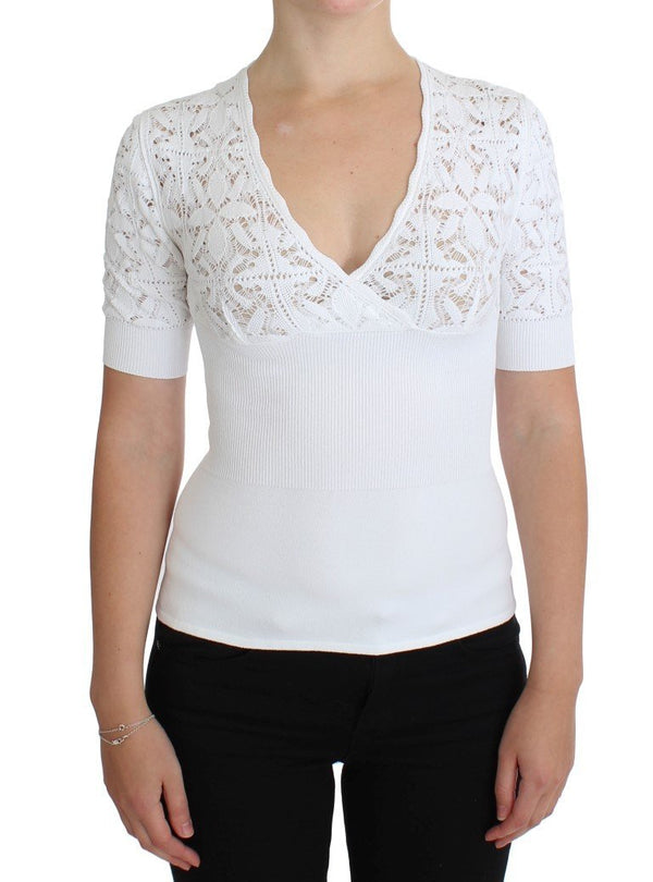 White Floral Ricamo Sweater V-neck Top