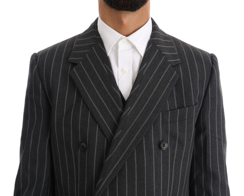 Gray Striped Double Breasted 3 Piece Suit