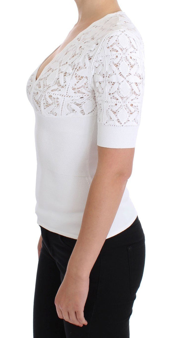 White Floral Ricamo Sweater V-neck Top