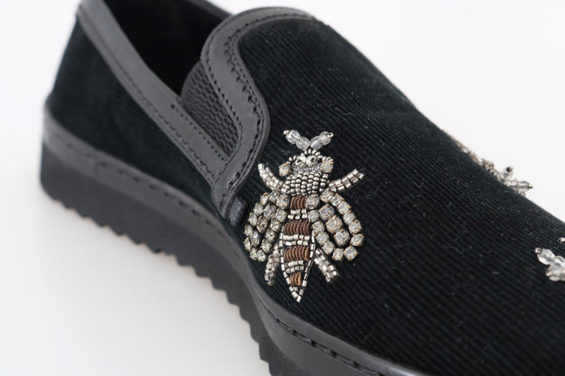 Black Crystal Bee Leather Loafers